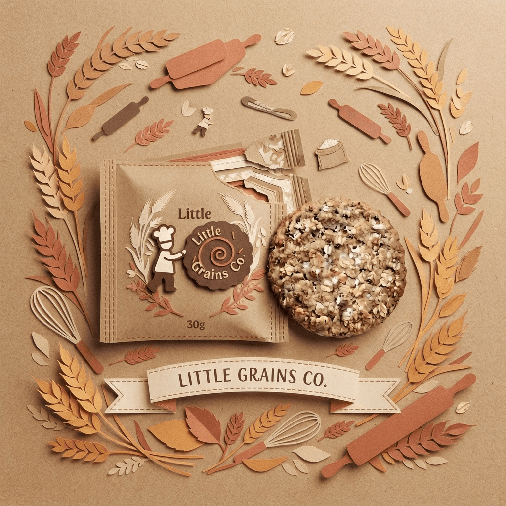 Individually wrapped Little Grains Co cookie with a freshly baked grain cookie
