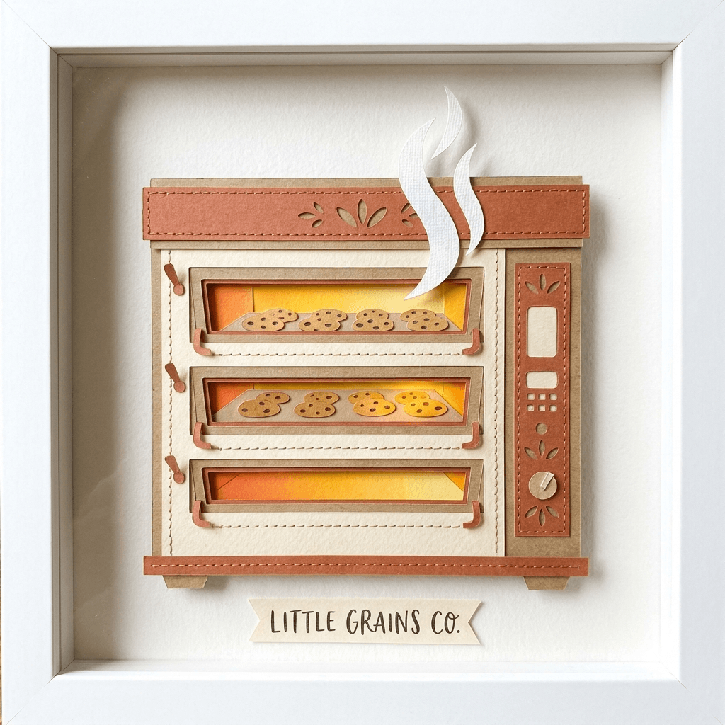 Paper-cut illustration of a brick wood-fired bakery oven with gentle heat waves